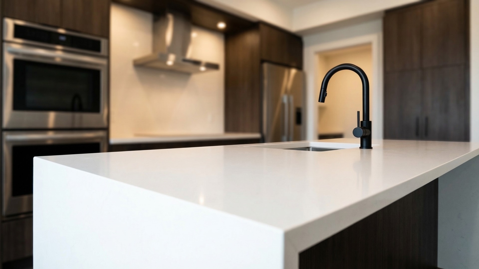 A clean white quartz countertop on a kitchen island in a modern Middle Tennessee kitchen, illustrating one of the two material choices the article walks through.