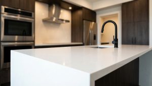 Contemporary Style Bath Design image by Guthrie Kitchen & Bath Plus A clean white quartz countertop on a kitchen island in a modern Middle Tennessee kitchen, illustrating one of the two material choices the article walks through.