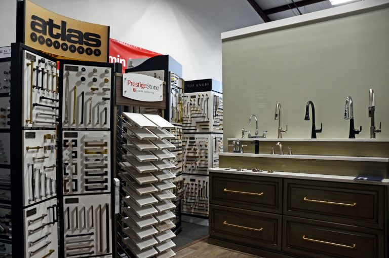 Countertop and surface samples at the Guthrie Kitchen & Bath Plus showroom