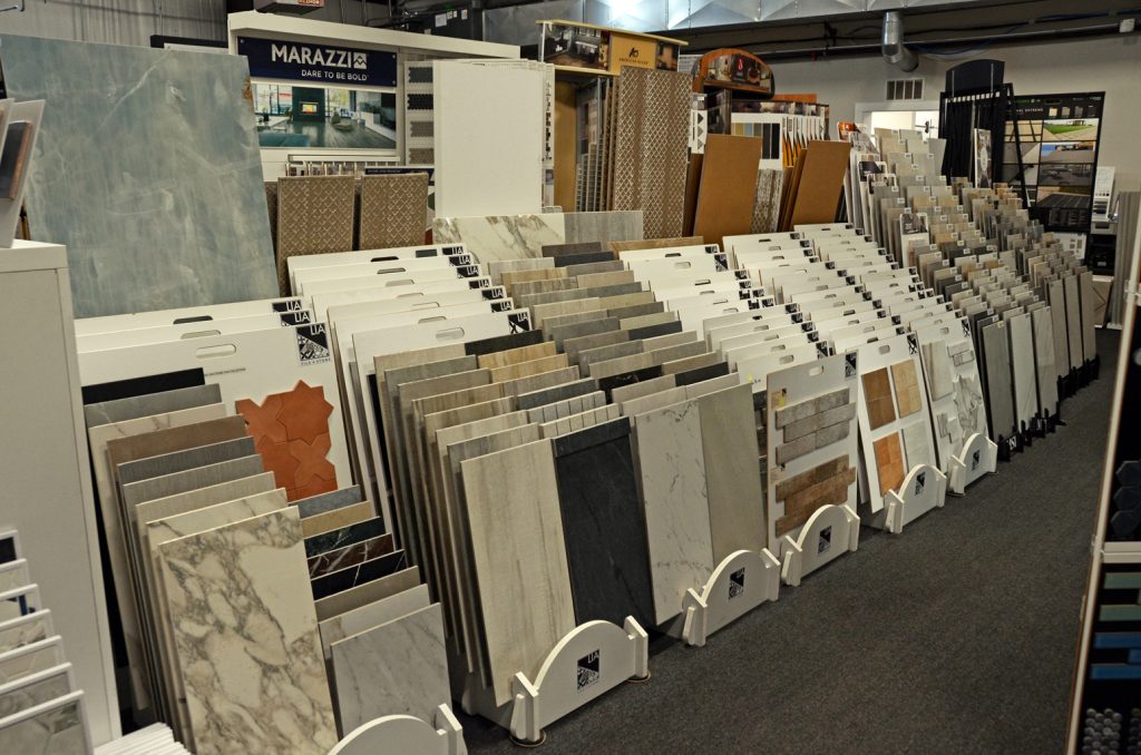 Countertop and surface samples at the Guthrie Kitchen & Bath Plus showroom