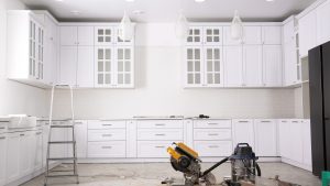 A Nashville kitchen remodel in progress with newly installed cabinets and no countertops yet, illustrating the phases behind a remodel timeline.